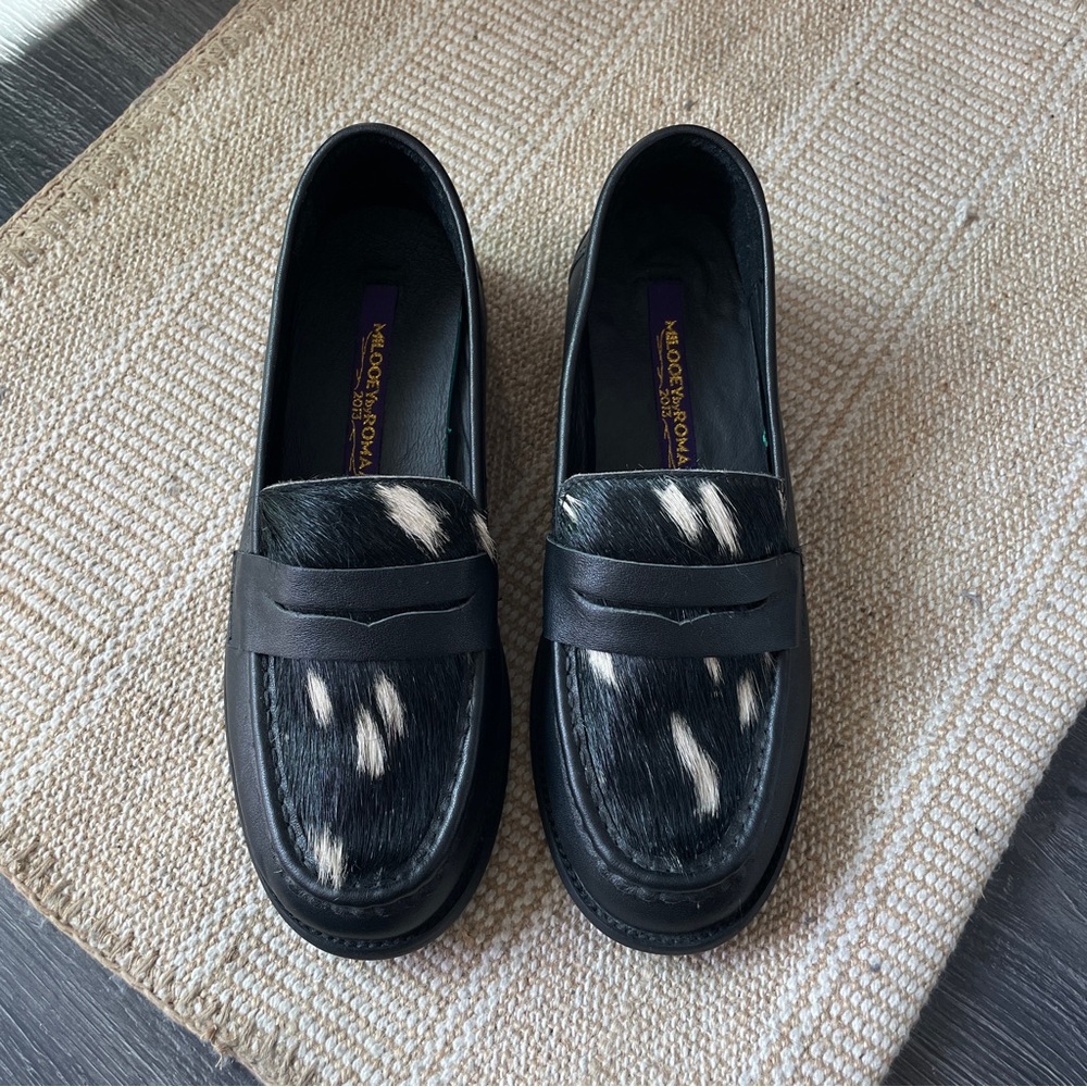 Black Leather w/ Fur Print Penny Loafers Women's shoes Pony hair Black and white